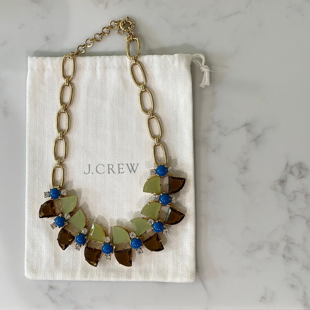 J. Crew necklace, gold with gemstones in the front